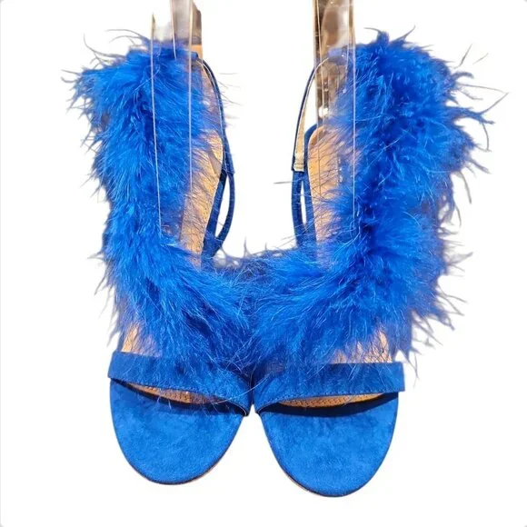 Blue Feather High Heel Slingback Open Toe Sandals - Picture 4 of 8